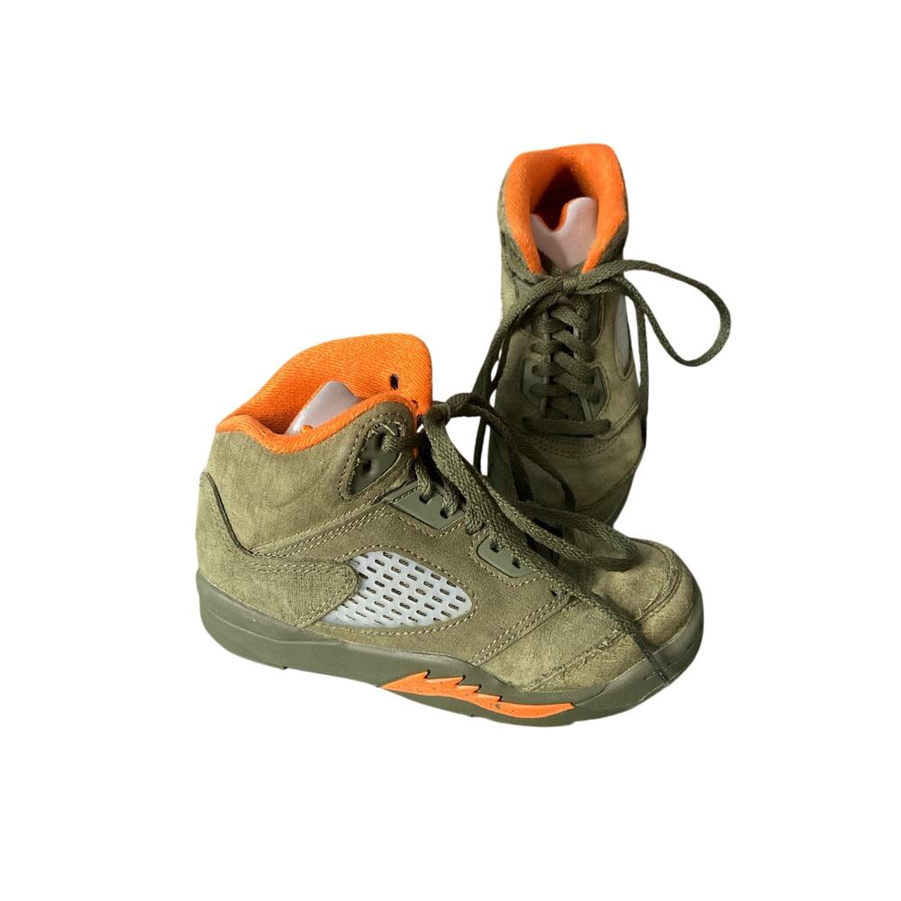 Nike Air Jordan 5 Retro boys sneakers-army green w/solar orange accents- sz 11C